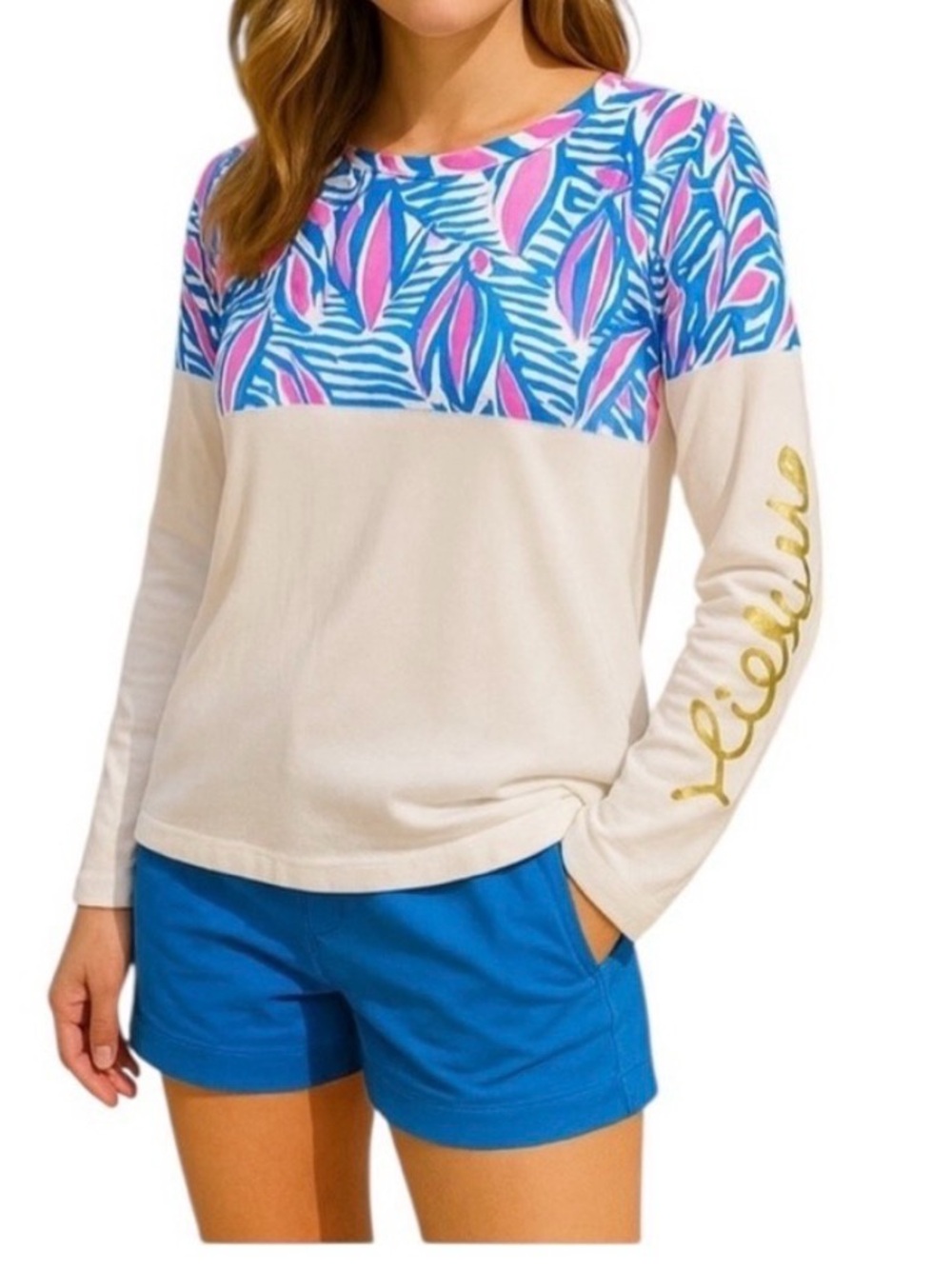Lilly Pulitzer blue/white/pink Finn sailing Printed Yoke Long Sleeve Top M EUC